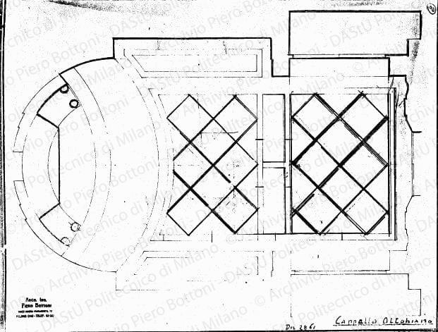 Cappella Ottobiano, studio pavimento, dis. 2861, pianta, scala 1:20, s.d. Matita e matita marrone su eliografia su carta, cm 45,6x35,0. 
