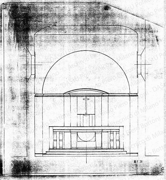 Prospetto altare, scala 1:20, s.d. Matita su lucido, cm 44,0x42,3. 