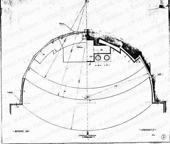 Cappella Vitale Ottobiano, sezione AB, sezione CD, abside, scala 1:20, s.d. Matita su lucido,cm 48,4x56,2. 
