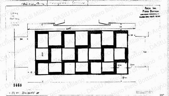 Pavimentazione in mosaico dell'atrio, dis. 2866, pianta, scala 1:20, prot. 1468, s.d. Matita e china su lucido, cm 18,4x39,0.
