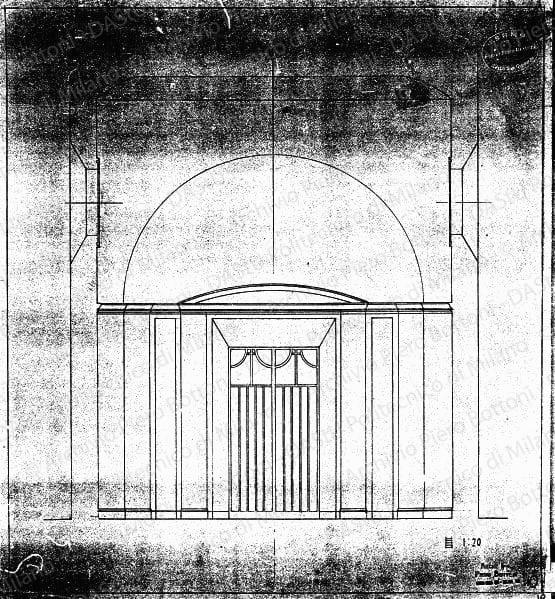 Prospetto ingresso, scala 1:20, s.d. Matita su lucido, cm 44,5x40,7. 