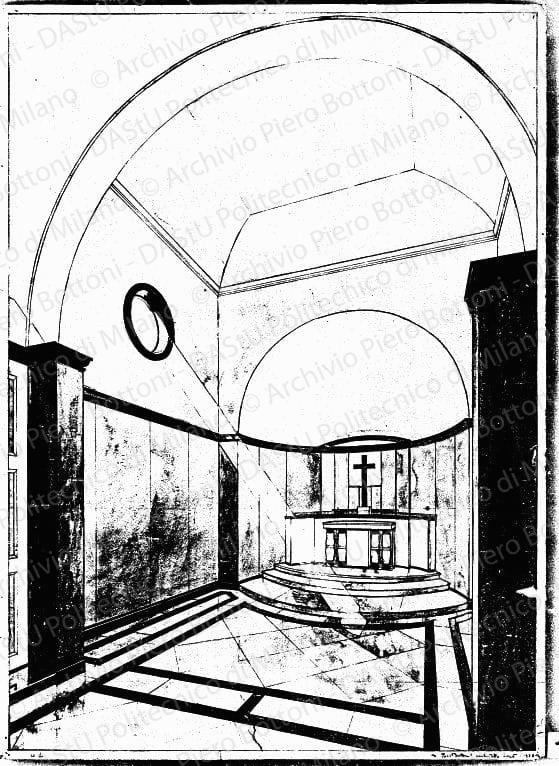 Prospettiva interna dell'altare, 1928. Matita e acquerelli su carta, cm 64,0x46,0. Annotazione manoscritta: Piero Bottoni architetto ideò, 1928.