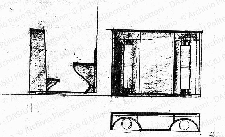 Inginocchiatoio, pianta, vista frontale e laterale, scala 1:10, s.d. Matita e matita verde sulucido, cm 19,7x33,8. 