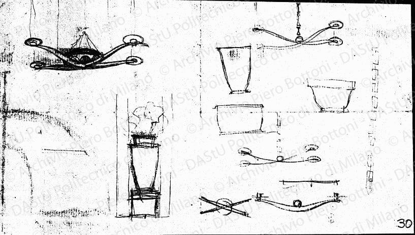 Schizzi lampade e vasi, s.d. Matita su carta, cm 14,9x27,7. Sul verso: schizzi lampade e altri oggetti d?arredo a matita. 