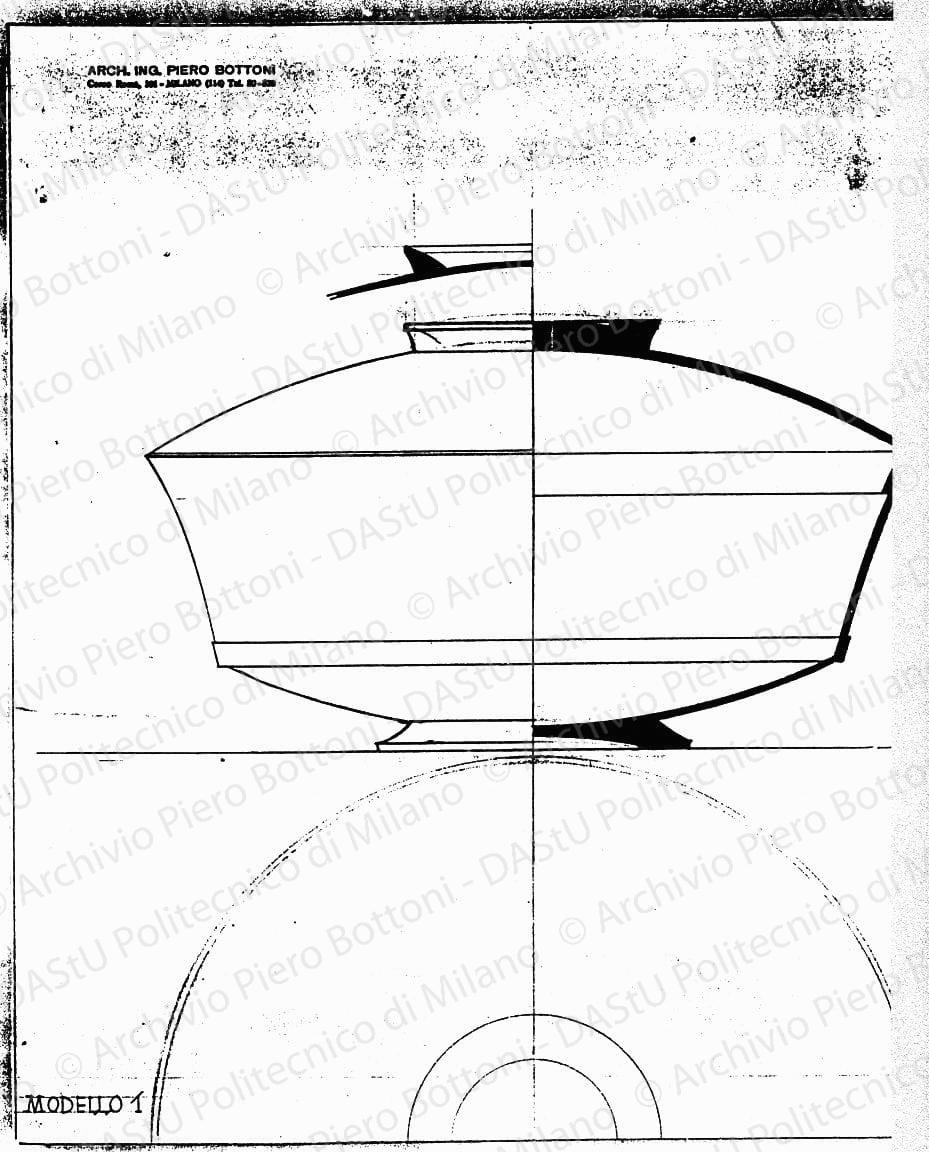 Modello 1, pianta, vista e sezione, scala 1:1, prot. 1336, s.d. Matita e china su lucido, cm 39,8x37,2. 