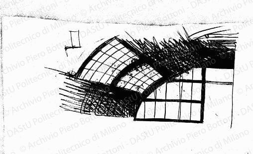 Schizzo prospettico interno della copertura, s.d. Matita su lucido, cm 21,7x40,5. 