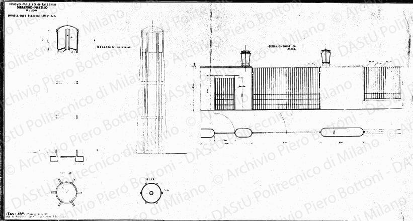 Nuovo macello di Palermo, serbatoio e ingresso, dis. 14, piante, sezioni e prospetti, scala1:20, 1:100, maggio 1929. Eliografia su carta, cm 63,2x120,0. 