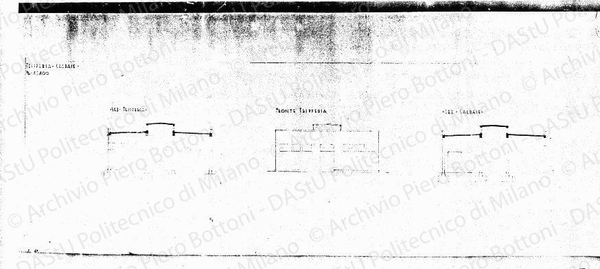 Fronte e sezioni tripperie e caldaie, scala 1:100, s.d. Eliografia su carta, cm 36,5x95,4. 