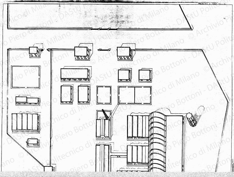Nuovo macello di Palermo, impr.sa Ing. Piazzoli, Messina, assonometria, scala 1:200, s.d.China e matita su lucido, cm 120,5x111,4. 