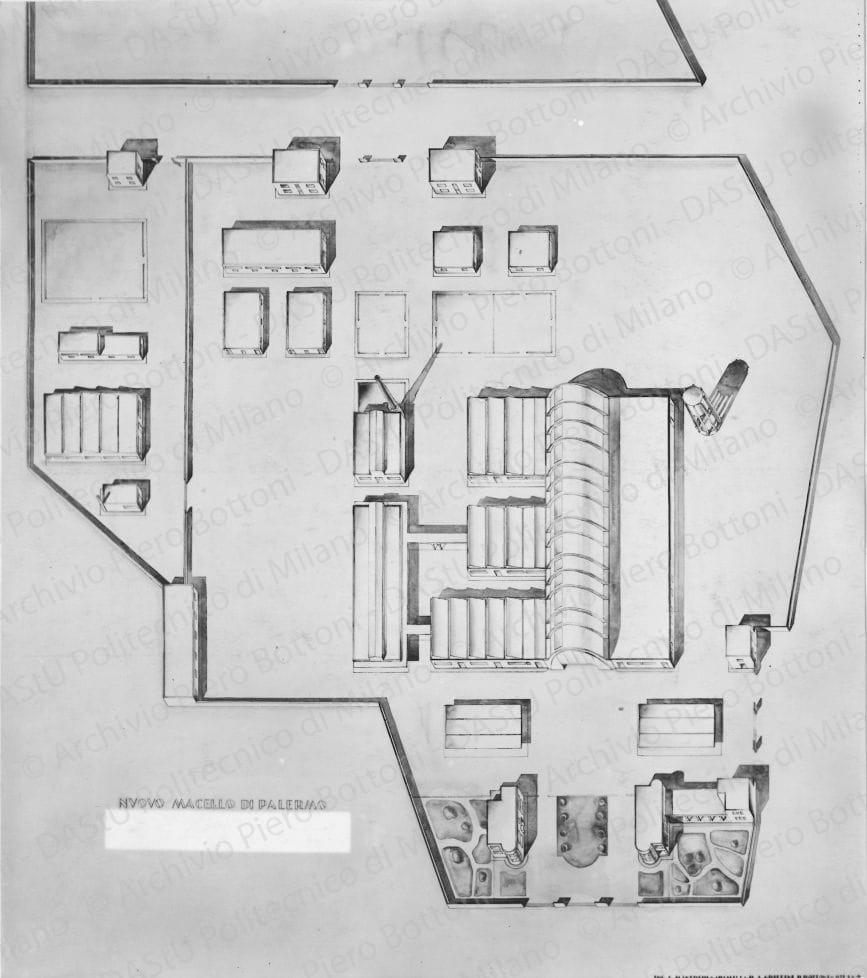 Riproduzione di planimetria: "Nuovo macello di Palermo". Positivo, bianco e nero,249x220 mm, album giallo n.4, pag.3.