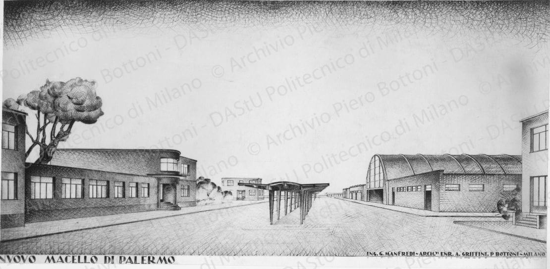 Veduta prospettica del progetto: "Nuovo macello di Palermo". Positivo, bianco e nero,135x279 mm, album giallo n.4, pag.4.