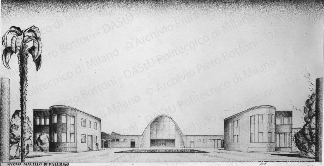 Veduta prospettica del progetto: "Nuovo macello di Palermo". Positivo, bianco e nero,145x279 mm, album giallo n.4, pag.6.