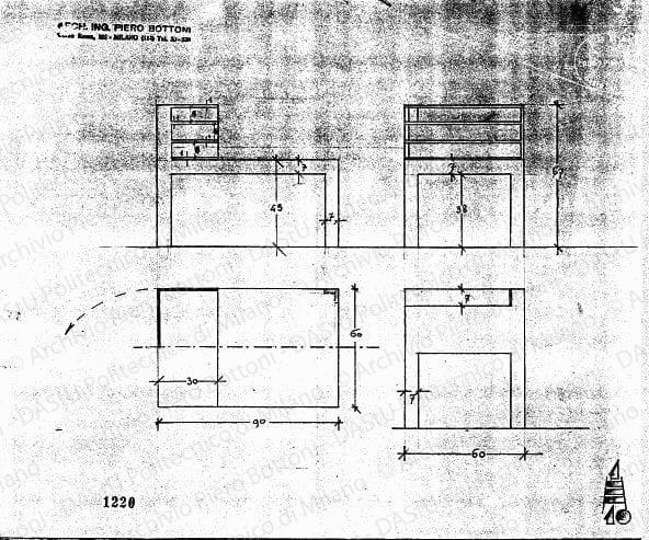 Portatelefono, scala 1:10, prot. 1220, s.d. Matita su lucido, cm 27,2x33,7. 