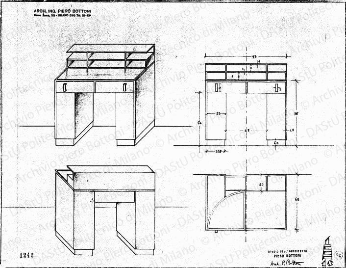 Scrivania, scala 1:10, prot. 1242, s.d. Matita su lucido, firmato da P. Bottoni, cm 30,8x40,0. 
