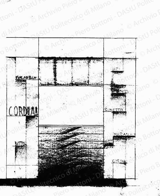 Prospetto mobile bar, scala 1:10, prot. 1408, s.d. Matita e matite colorate su lucido, cm 35,3x33,6. 