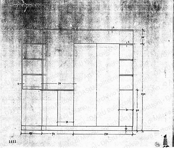 Libreria, scala 1:10, prot. 1411, s.d. Matita su lucido, cm 33,0x38,0. 