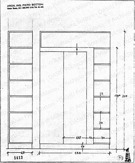 Libreria, scala 1:10, prot. 1413, s.d. Matita su lucido, cm 30,2x25,0. 