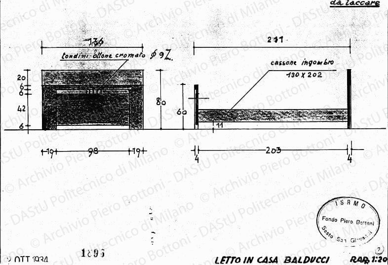 Letto, scala 1:20, prot. 1896, 2 ottobre 1934. Matita e china su lucido, cm 18,5x26,5.