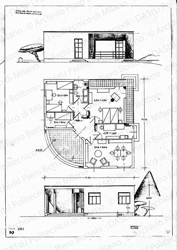 Pianta e prospetti, scala 1:50, prot. 1351, s.d. Matita e china su lucido, cm 59,7x42,7. 