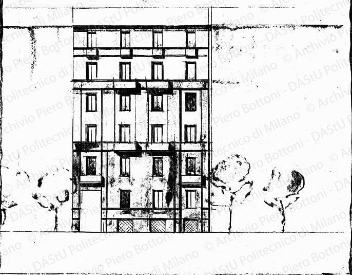 Prospetto, scala 1:100, s.d. Matita, carboncino e acquerelli su carta, cm 35,0x40,8. 
