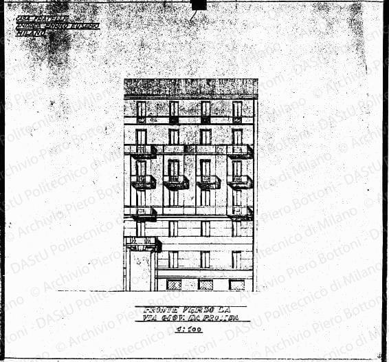 Casa fratelli Andrea Enrico Eusebio, Milano, fronte verso la via Giovanni da Procida, scala 1:100, s.d. Eliografia su carta, cm 42,7x45,9.