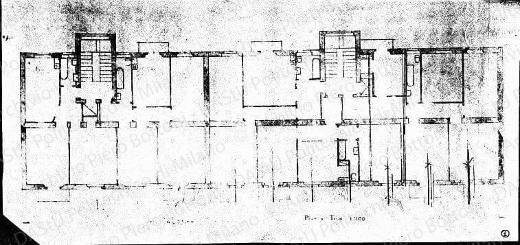 Pianta piano tipo, scala 1:100, s.d. Eliografia su carta, cm 19,9x42,0. Correzioni a matita. 
