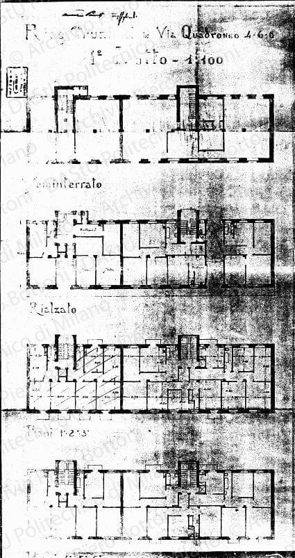 Ing. G. Gagliardi, ricostruzioni in via Quadronno 4, 6, 8, primo lotto, piante, scala 1:100, 26 febbraio1930. Eliografia su carta, timbrata e firmata, cm 94,5x46,7. Annotazioni a matite colorate. 