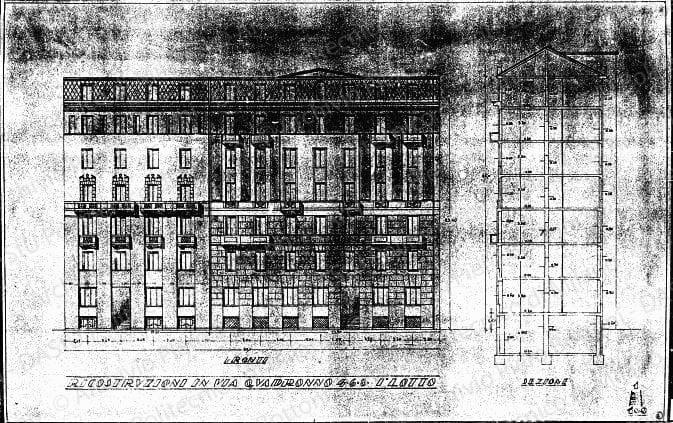 Ricostruzioni in via Quadronno 4, 6, 8, primo lotto, fronti, sezione, scala 1:100, s.d. Eliografia su carta,cm 44,1x69,0. 