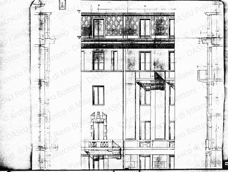 Ricostruzioni in via Quadronno 4, 6, 8, primo lotto, particolare facciata, scala 1:20, 26 febbraio 1930. Eliografia su carta, timbrata e firmata, cm 147,7x96,6.