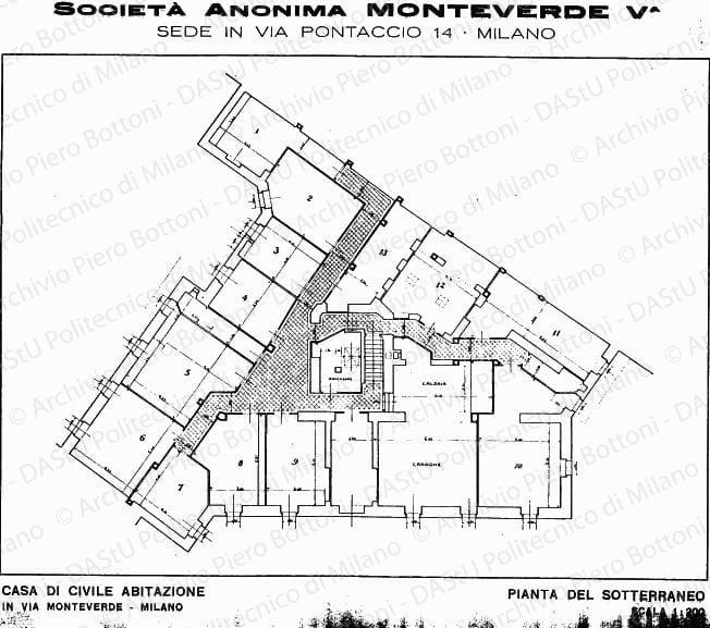 Casa di civile abitazione, pianta sotterraneo, scala 1:200, s.d. Stampa su carta, cm 22,5x32,0. 