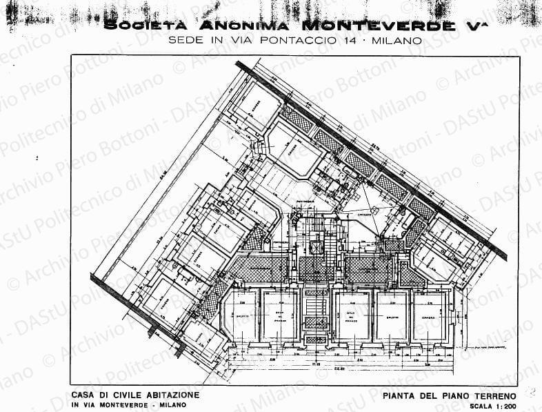 Casa di civile abitazione, pianta piano terreno, scala 1:200, s.d. Stampa su carta, cm 22,5x32,0. 