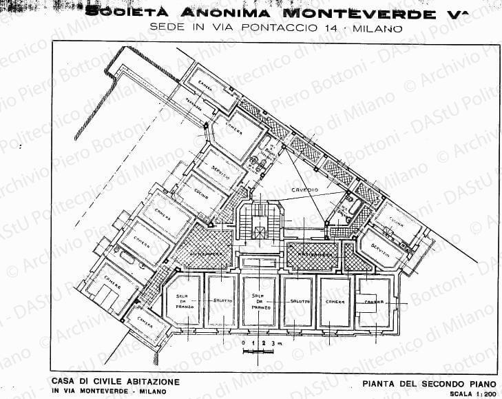 Casa di civile abitazione, pianta secondo piano, scala 1:200, s.d. Stampa su carta, cm 22,5x32,0. 