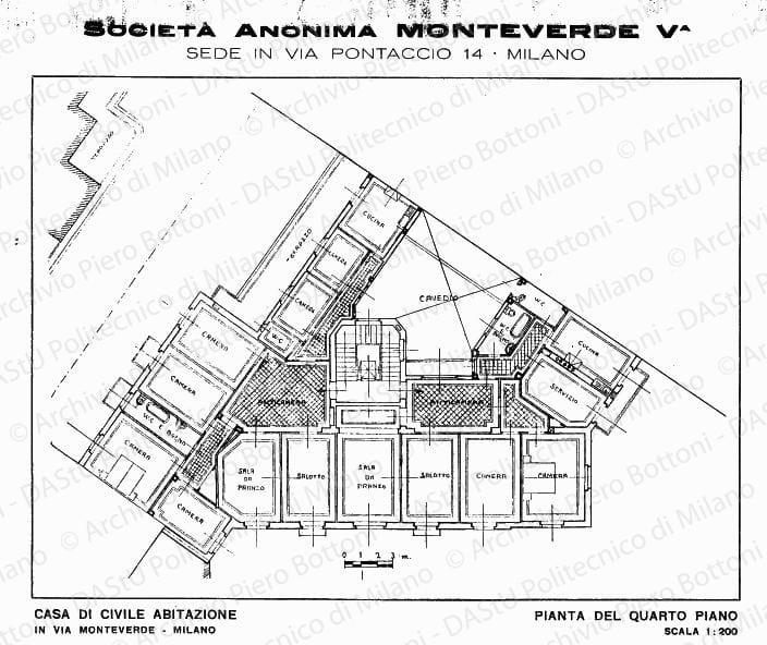 Casa di civile abitazione, pianta quarto piano, scala 1:200, s.d. Stampa su carta, cm 22,5x32,0. 