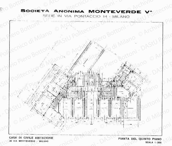 Casa di civile abitazione, pianta quinto piano, scala 1:200, s.d. Stampa su carta, cm 22,5x32,0. 