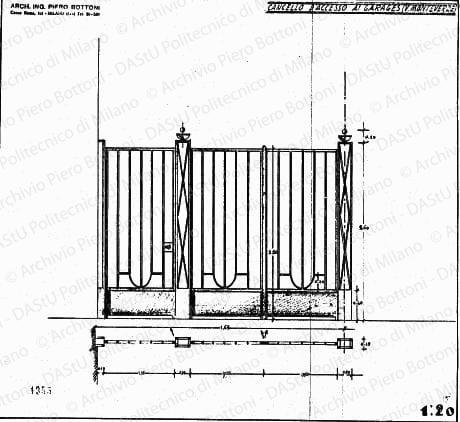 Cancello d'accesso ai garages, pianta e prospetto, scala 1:20, prot. 1355, s.d. Matita e china su lucido,31,7x34,7.