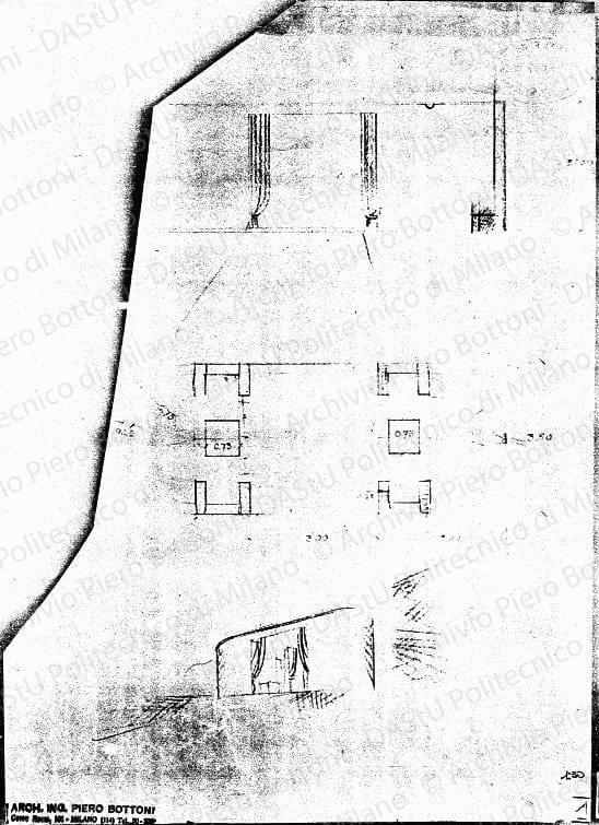 Pianta, prospetto e schizzo prospettico, scala 1:50, s.d. Eliografia su carta, cm 38,7x27,4. 
