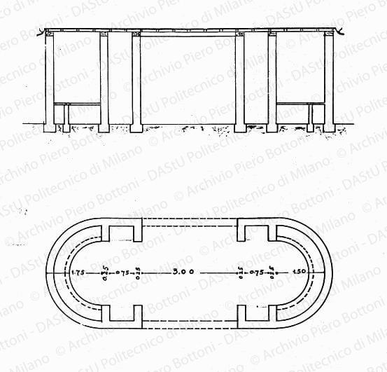 Pianta e sezione, scala 1:50, s.d. China e matite colorate su lucido, cm 24,3x25,2.
