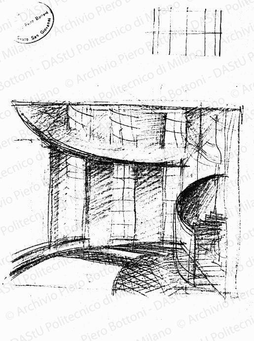 Schizzo prospettico dell'interno, s.d. Matita su lucido, cm 28,2x22,7.
