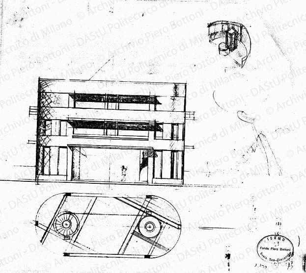 Pianta, prospetto e schizzi, scala 1:100, s.d. Matita su lucido, cm 31,5x35,7.