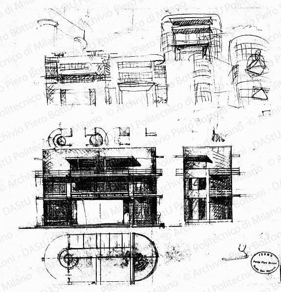Pianta, prospetti e schizzi, scala 1:100, s.d. Matita e acquerelli su lucido, cm 41,6x39,4.