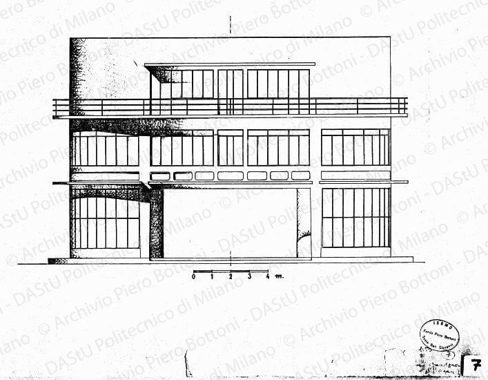 Fronte verso il mare, scala 1:50, s.d. China e matita su lucido, firmato da P. Bottoni, cm 43,6x58,0.