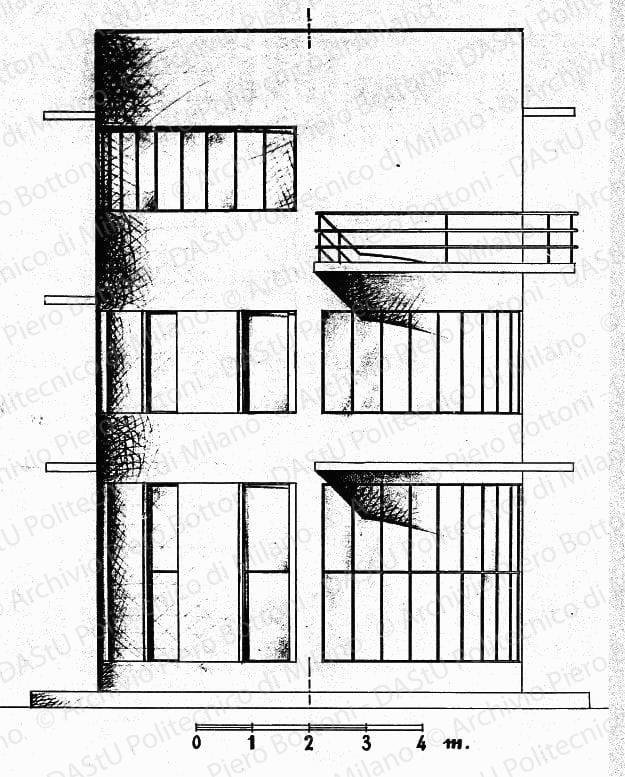 Fronte verso terra, scala 1:50, s.d. China e matita su lucido, firmato da P. Bottoni, cm 43,3x62,0.