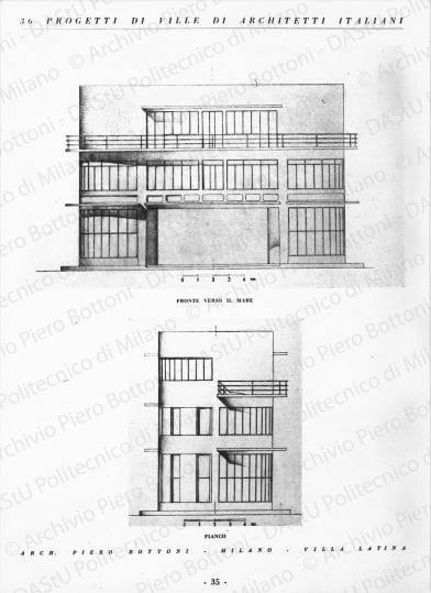 Riproduzione di "Fronte verso il Monte e sezione". Scritta tipografica sul recto: "36 progetti di ville di architetti italiani. Arch. Piero Bottoni - Milano - Villa Latina". Positivo, colori, 293x219 mm, album giallo n.19, pag.10.