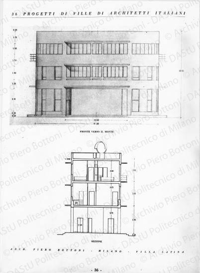 Riproduzione del fronte verso il mare e del fianco. Scritta tipografica sul recto: "36 progetti di ville di architetti italiani. Arch. Piero Bottoni - Milano - Villa Latina". Positivo, bianco e nero, 228x166 mm, album giallo n.1, pag.2.