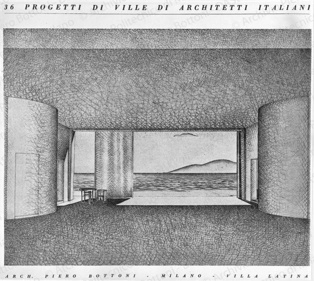 Riproduzione di veduta prospettica del patio. Scritta tipografica sul recto: "36 progetti di ville di architetti italiani. Arch. Piero Bottoni - Milano - Villa Latina". Positivo, bianco e nero, 238x266 mm, album giallo n.19, pag.11.
