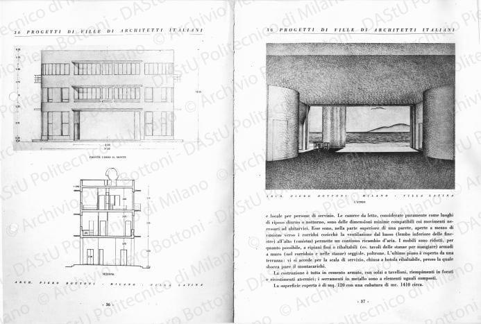 Riproduzione del fronte verso il monte e sezione. Scritta tipografica sul recto: "36 progetti di ville di architetti italiani. Arch. Piero Bottoni - Milano - Villa Latina". Positivo, bianco e nero, 231x168 mm, album giallo n.1, pag.3.