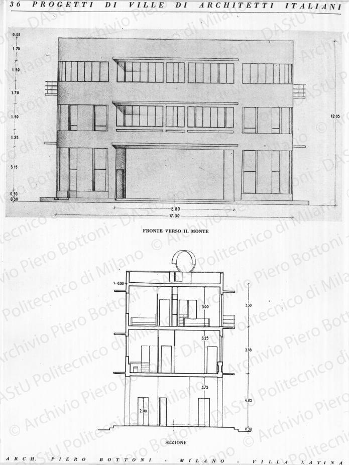 Riproduzione di veduta prospettica dell'atrio verso il mare. Scritta tipografica sul recto: "36 progetti di ville di architetti italiani. Arch. Piero Bottoni - Milano - Villa Latina". Positivo, bianco e nero, 238x265mm, album giallo n.1, pag.4.