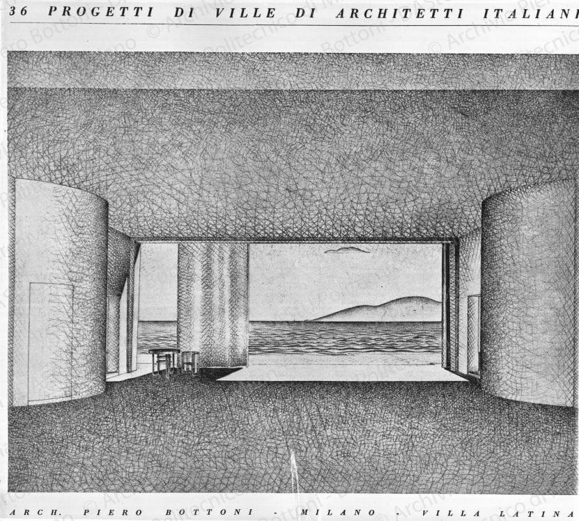 Riproduzione di due pagine dal catalogo della mostra alla Triennale. Pagina sinistra: fronte verso il monte e sezione; pagina destra: veduta prospettica dell'atrio verso il mare e testo. Positivo, bianco enero, 197x295 mm, album giallo n.1, pag.5.