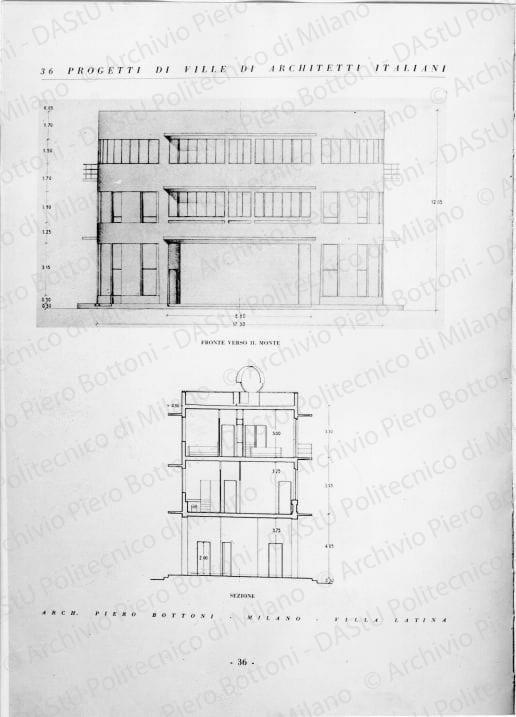 Riproduzione di "Fronte verso il Monte e sezione", positivo, bianco e nero, mm 237x266. Scritta tipografica sul recto: "36 progetti di ville di architetti italiani. Arch. Piero Bottoni - Milano - Villa Latina".