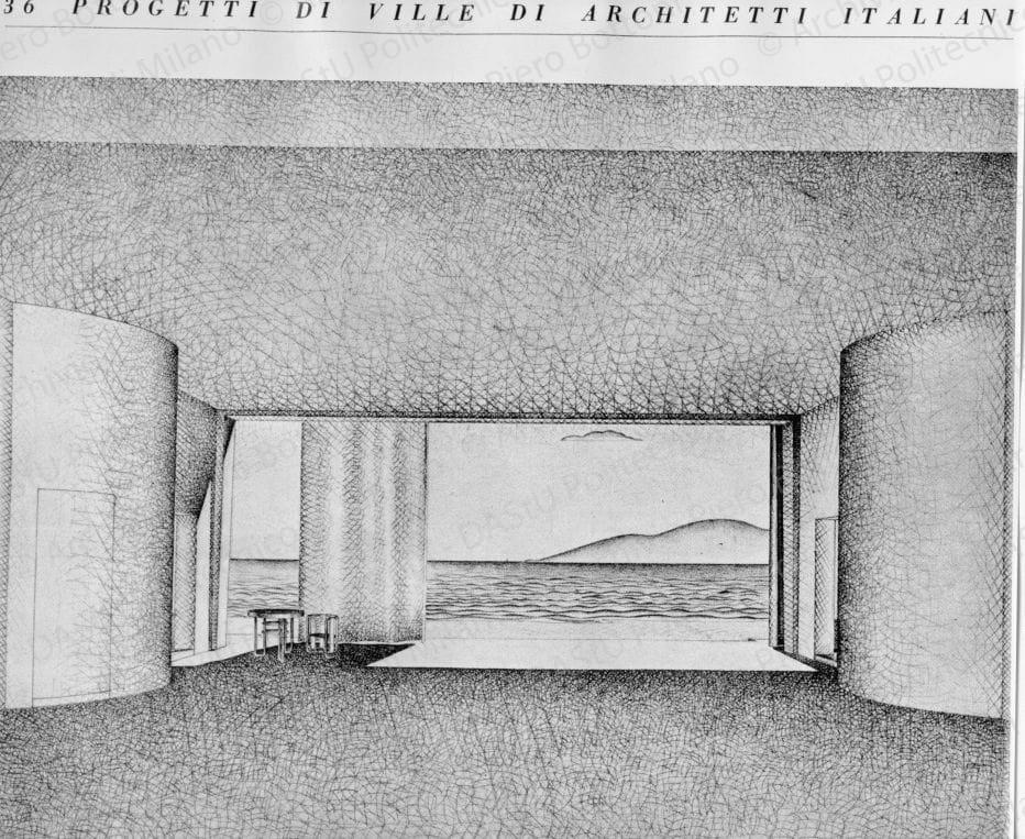 Riproduzione di veduta prospettica del patio, positivo, bianco e nero, mm 237x267. Scritta tipografica sul recto: "36 progetti di ville di architetti italiani. Arch. Piero Bottoni - Milano - Villa Latina".
